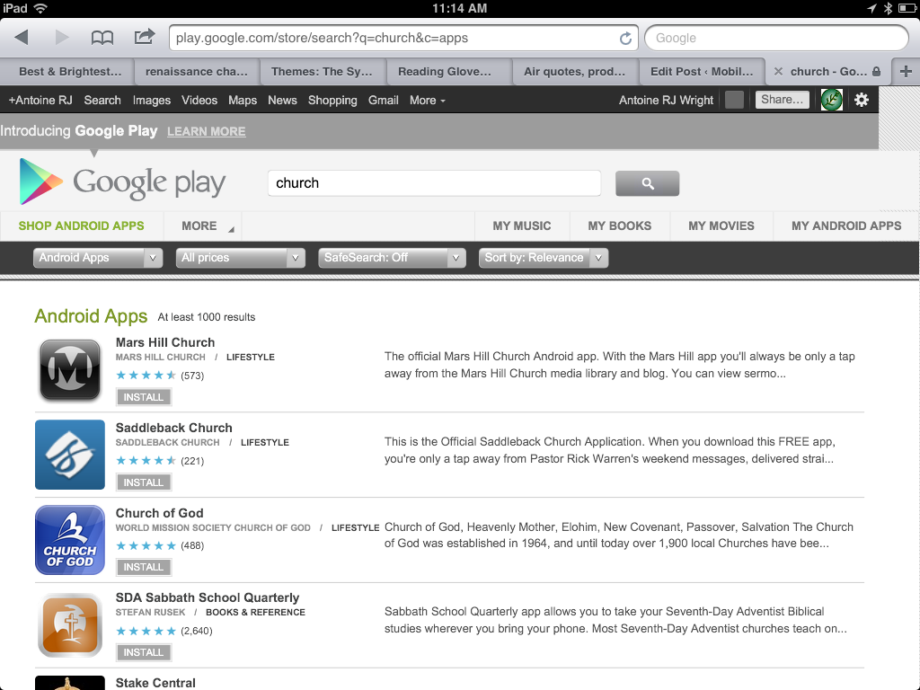 screenshot from iPad of Google Play Store and a search for Church Apps